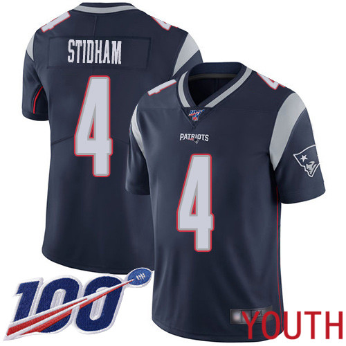 New England Patriots Limited Navy Blue Youth #4 Jarrett Stidham Home NFL Jersey 100th Season